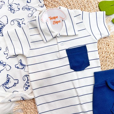 Conj. de Malha 3 peças - Dinos - Marinho e Off White